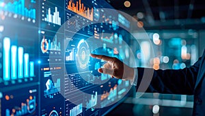 Data Visualization: Man interacts with large display showing data and complex charts