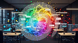 Data Visualization in a Modern Office with Rainbow Overlay