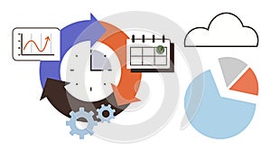 Data visualization tools with arrows, clock, calendar, and charts for workflow and productivity management