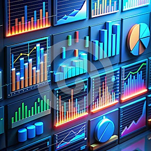 Data visualization wall with multiple graphs and charts