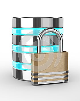 Database 3d with closed padlock isolated on white background