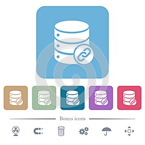 Database attachment flat icons on color rounded square backgrounds