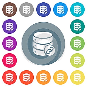 Database attachment flat white icons on round color backgrounds