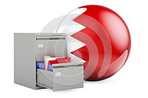 Database in Bahrain, concept. Folders in filing cabinet with Bahraini flag, 3D rendering