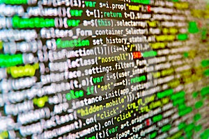 Database bits access stream visualisation. IT coding on monitor screen. Close up of computer web page code inside of html file.