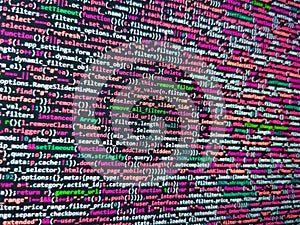 Database bits access stream visualisation. Computer programming source code. Programing workflow abstract algorithm concept.