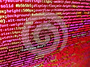 Database bits access stream visualisation. HTML and CSS code developing screenshot. Digital abstract bits data stream, cyber