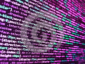 Database bits access stream visualisation. HTML and CSS code developing screenshot. Digital abstract bits data stream, cyber