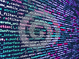 Database bits access stream visualisation. Programming code abstract background screen of software. Real Html code developing