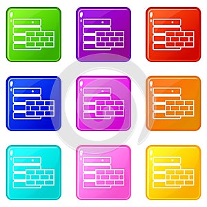 Database and brick wall icons 9 set