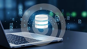 Database Cloud Storage Network Concept. Data Computing Technology with Laptop and Blue Digital Background.