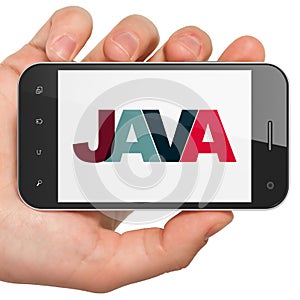 Database concept: Hand Holding Smartphone with Java on display