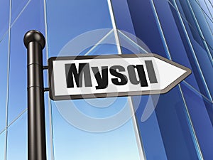 Database concept: sign MySQL on Building background