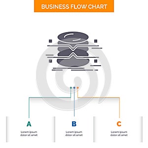 database, data, architecture, infographics, monitoring Business Flow Chart Design with 3 Steps. Glyph Icon For Presentation