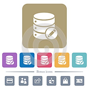 Database edit flat icons on color rounded square backgrounds