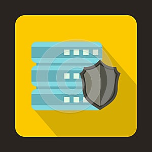 Database with gray shield icon, flat style