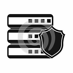Database with gray shield icon, simple style