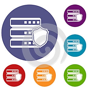 Database with gray shield icons set