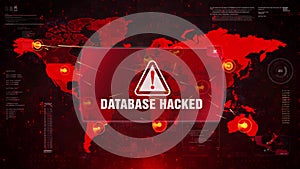 Database Hacked Alert Warning Attack on Screen World Map.