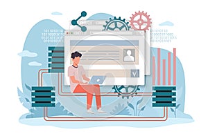 Database, hardware hosting, sharing disk space for file storage. Programmer with laptop, backup disk. Cloud technology, computing