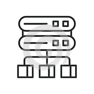 Database hosting, icon in line design. Database, hosting, server, cloud, storage, connection, network on white