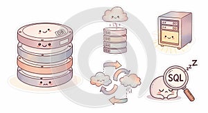 Database icons with cloud and server illustrations