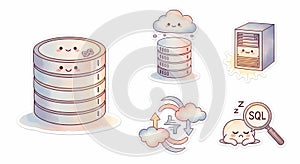 Database icons with cute cloud and server illustrations