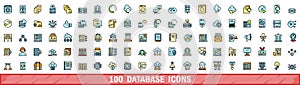 100 database icons set, color line style