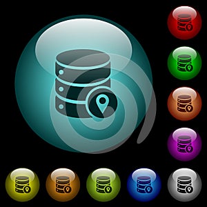 Database location icons in color illuminated glass buttons