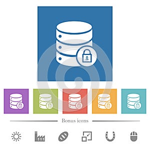 Database lock flat white icons in square backgrounds