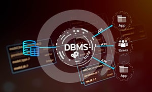 Database management system (DBMS) diagram with user and app connection via API.