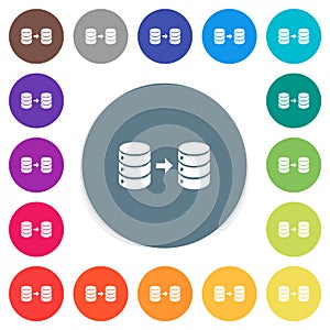 Database mirroring flat white icons on round color backgrounds