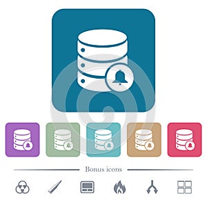 Database notifications flat icons on color rounded square backgrounds