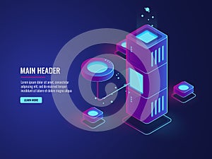 Database and processing data process icon, data center, server room, cloud storage illustration, futuristic