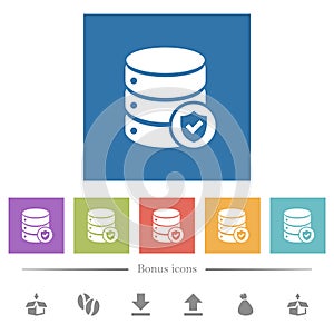 Database protected flat white icons in square backgrounds