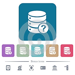 Database query flat icons on color rounded square backgrounds