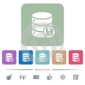 Database save flat icons on color rounded square backgrounds