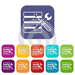 Database with screwdriverl and spanner icons set