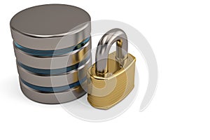 Database security concept database and lock on white background.
