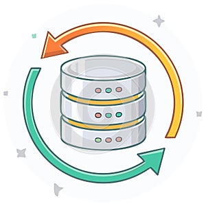 Database server with circular arrows representing data synchronization and backup