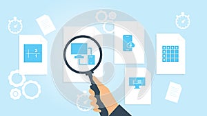 Database, server, excel file, document research vector illustration. Document with search icons. File and magnifying glass.