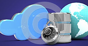 Database server over cloud icon and globe against blue background