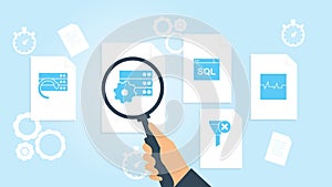 Database, server, semis file, document research vector illustration. Document with search icons. File and magnifying glass.