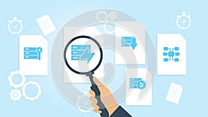 Database, server, sitemap file, document research vector illustration. Document with search icons. File and magnifying glass.