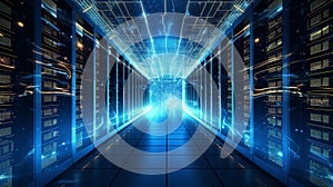 database server. super computer stores big data digital information. Hi tech technology background. generative AI
