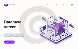 Database server technology isometric landing page, data flow processing abstract machine
