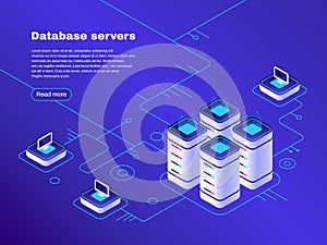 Database servers. Digital datacenter server network. Hosting tech support. Online cloud storage vector isometric illustration