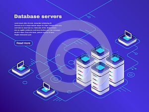 Database servers. Digital datacenter server network. Hosting tech support. Online cloud storage vector isometric