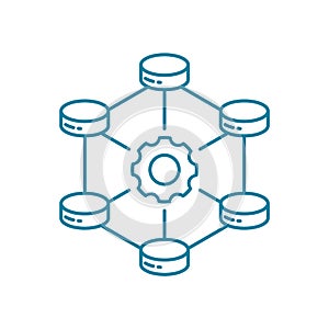 Database servers with a gear. Big data framework line icon.