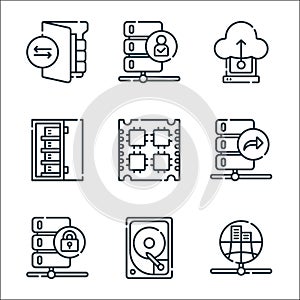 database and servers line icons. linear set. quality vector line set such as public, hard disk drive, server, data transfer,